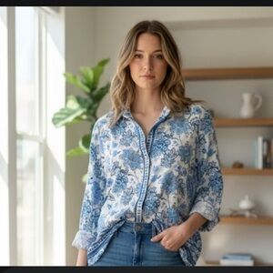 HAVER &. BLAIR  Floral Blue and White Button-Up Blouse size 1 X